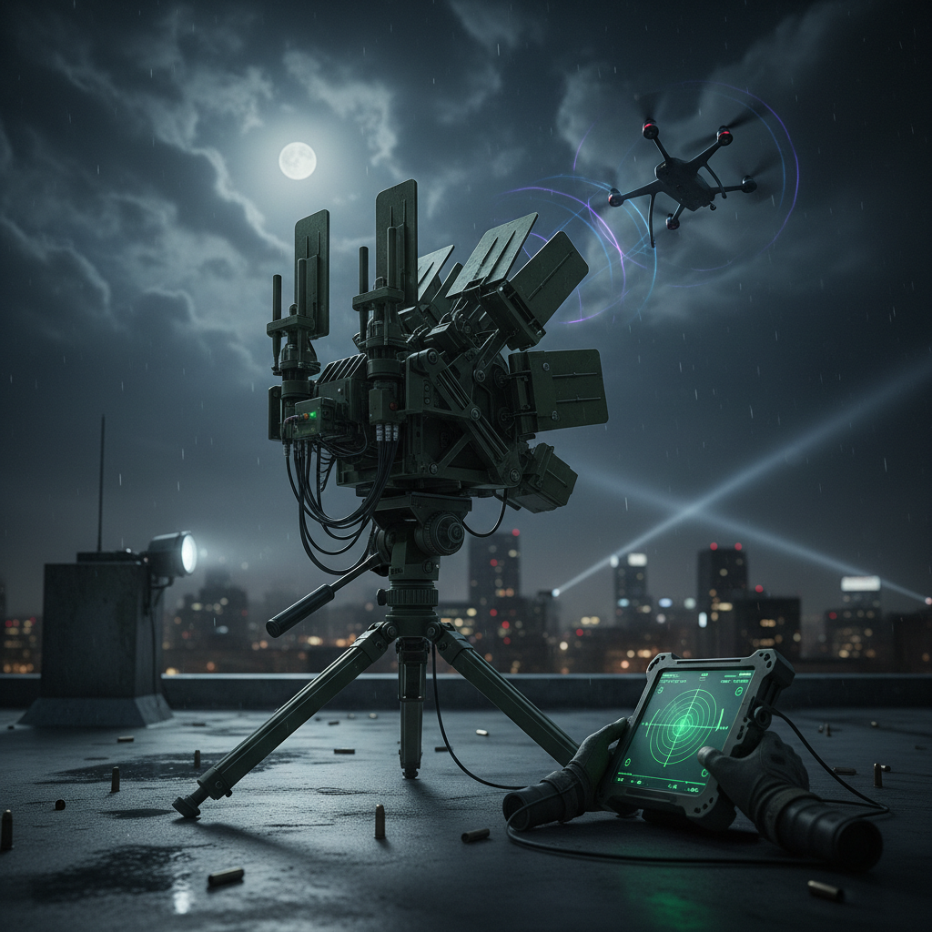 Military anti-drone jamming system on rooftop
