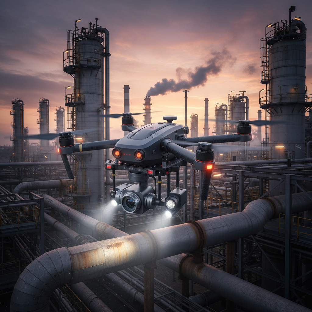 Industrial drone inspecting refinery infrastructure